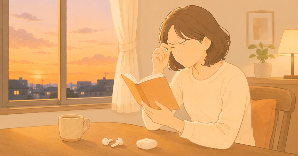 夕方の窓辺で本の小さな文字に目を細める女性のイラスト