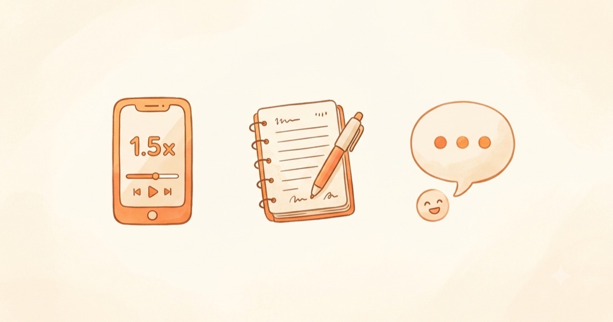 再生速度・メモ・人に話すの3つを表すアイコンのイラスト