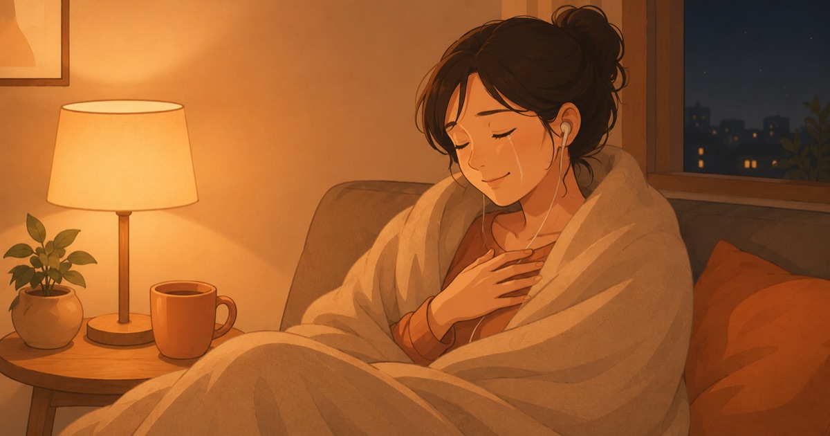 夜、ブランケットにくるまってオーディオブックを聴き、少し安らいだ表情の女性のイラスト