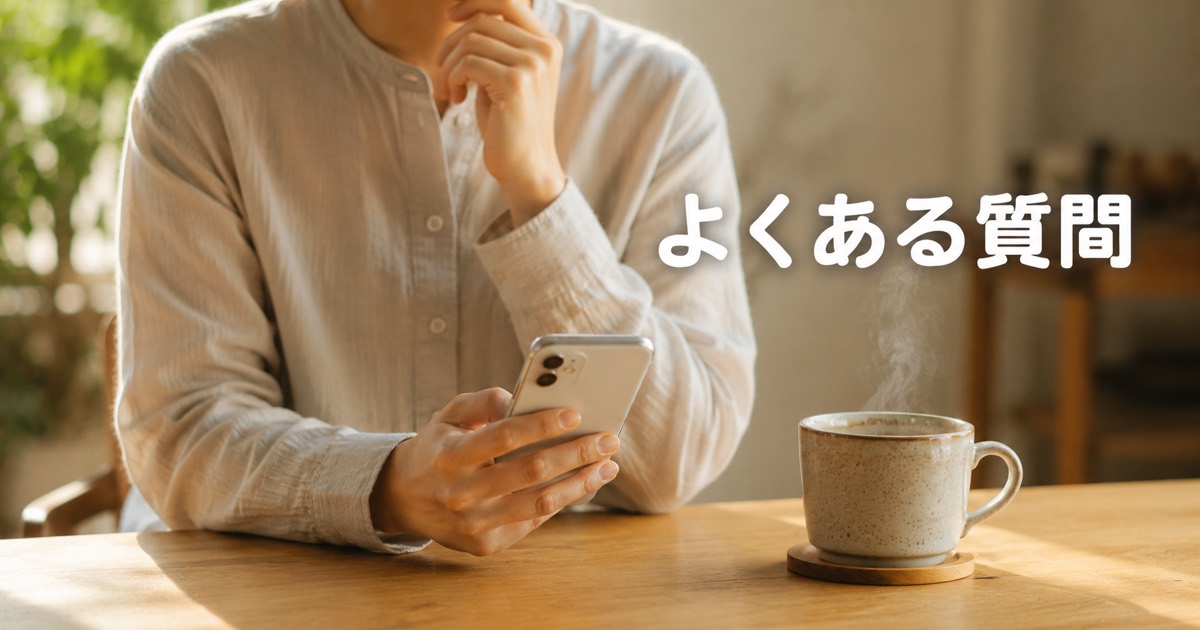 スマホを手に疑問を確かめる女性。よくある質問のイメージ