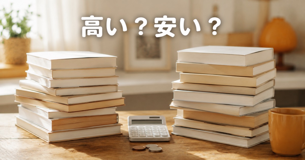 本の山と電卓でオーディブルの料金を比較しているイメージ