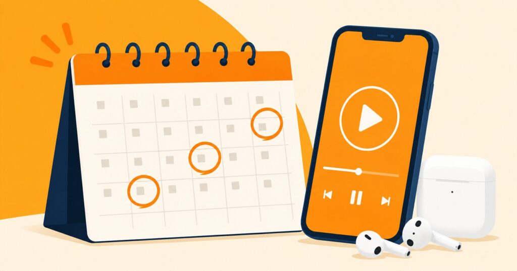 今の時期に使えるオーディブルのキャンペーンをカレンダーとスマホで表したイメージ