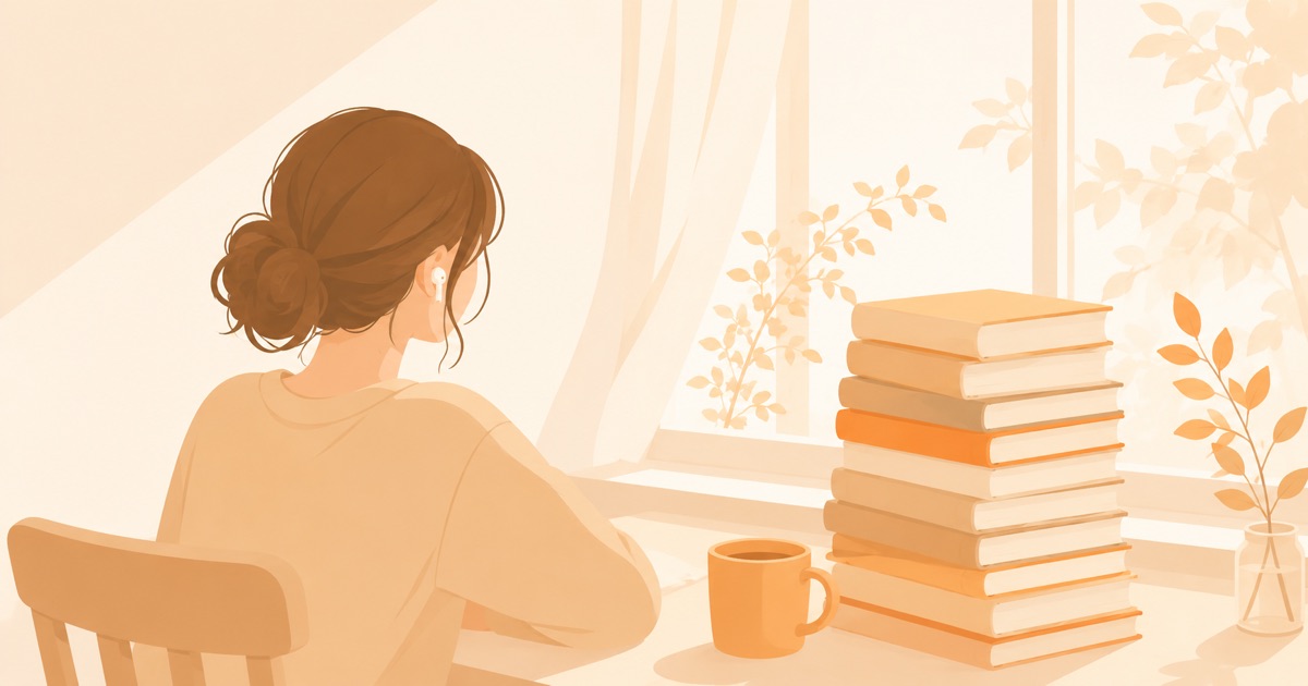 窓辺でイヤホンをつけて座る女性の後ろ姿と積み上がった本のイラスト。プライム会員でなくても150冊聴けたイメージ