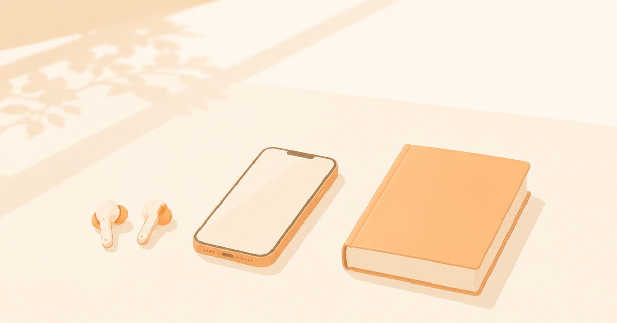 テーブルに並んだワイヤレスイヤホンとスマホと1冊の本のイラスト。まずは30日間の無料体験から
