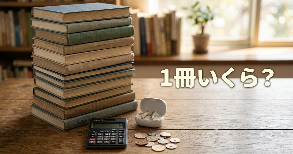 積み重なった本と電卓。1冊あたりの値段を計算するイメージ