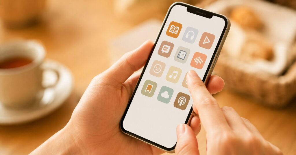 スマートフォンでオーディオブックのアプリを選んでいる手元の写真
