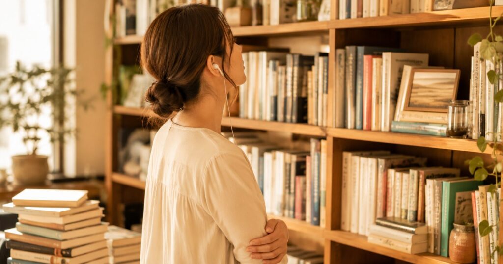 本棚の前でイヤホンをつけてオーディオブックを聴く女性