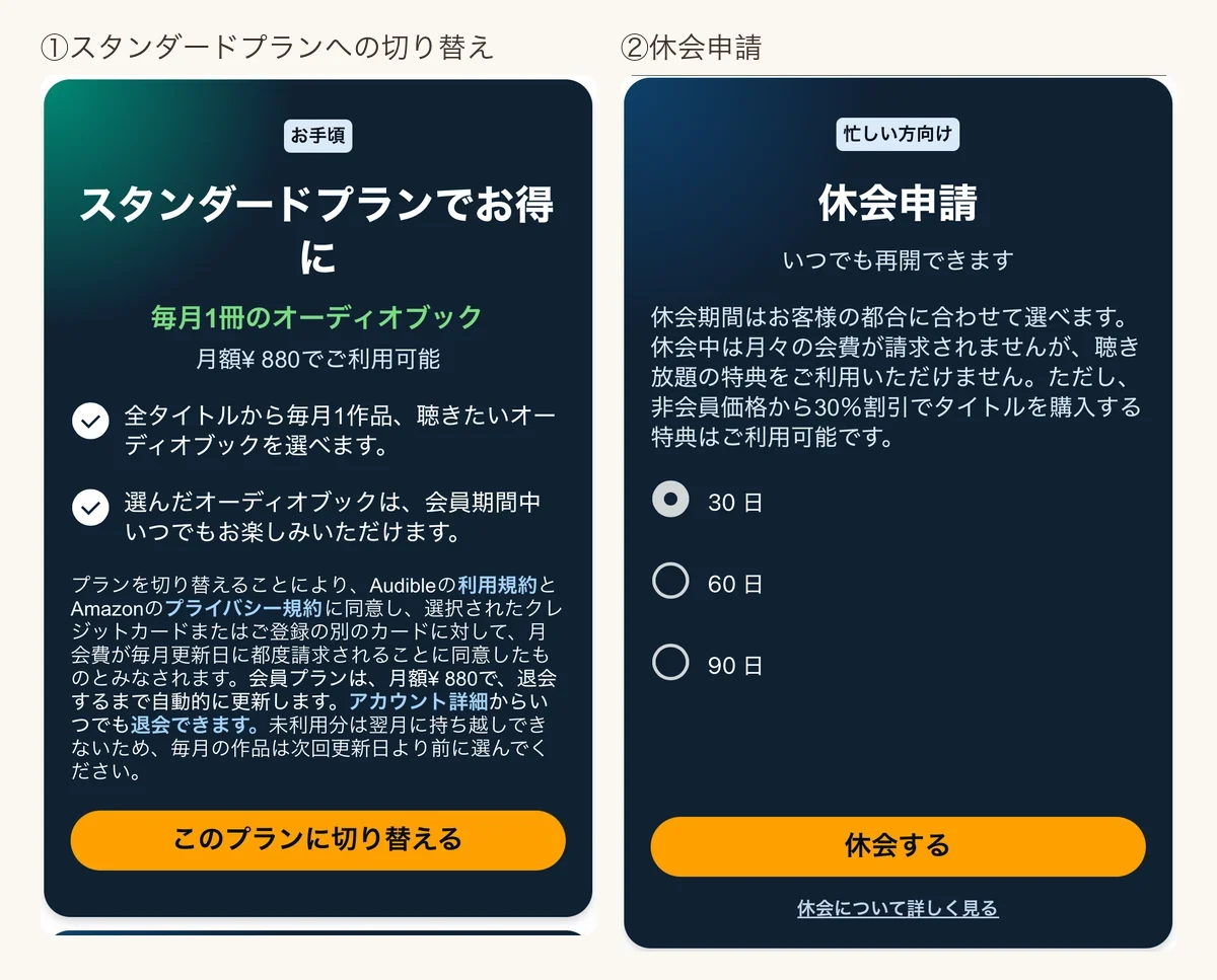 退会手続き中に表示される2つの引き止め。左が月額880円のスタンダードプランへの切り替え、右が30日・60日・90日から選ぶ休会申請