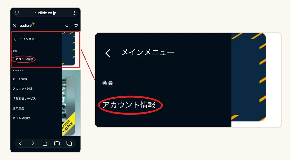 オーディブルのスマホサイト全体と、メインメニューの「アカウント情報」を赤丸で拡大した図
