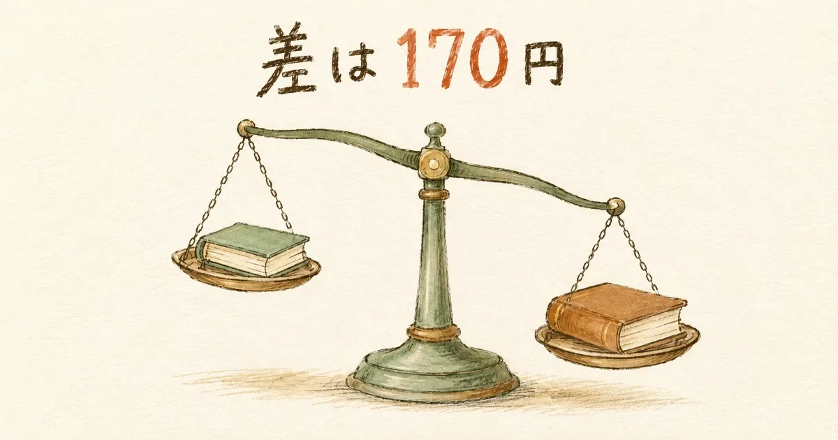 Audibleの月額1,500円とaudiobook.jpの1,330円を比べている天秤