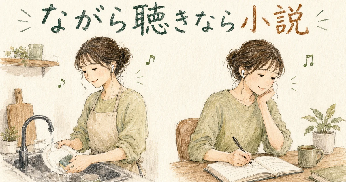 洗い物をしながら聴く場面と、机でメモを取りながら聴く場面の対比