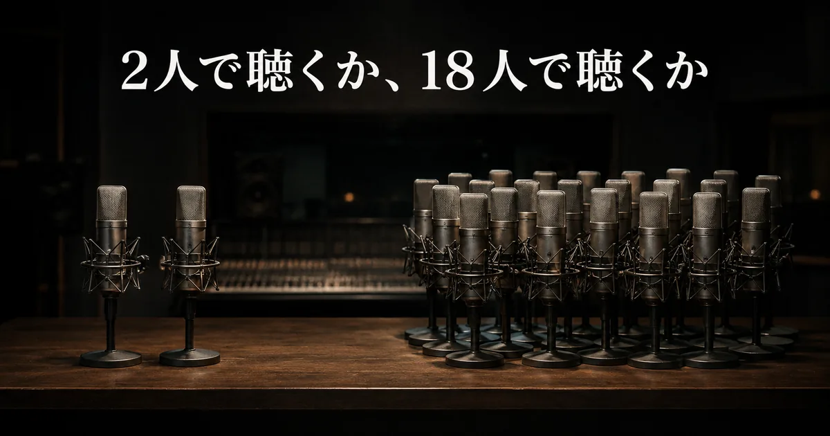 録音スタジオに並ぶマイク。オーディブル版は2名、audiobook.jp版は18名の朗読